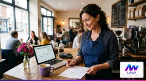 Cafe owner checking her business electricity bill and usage chart