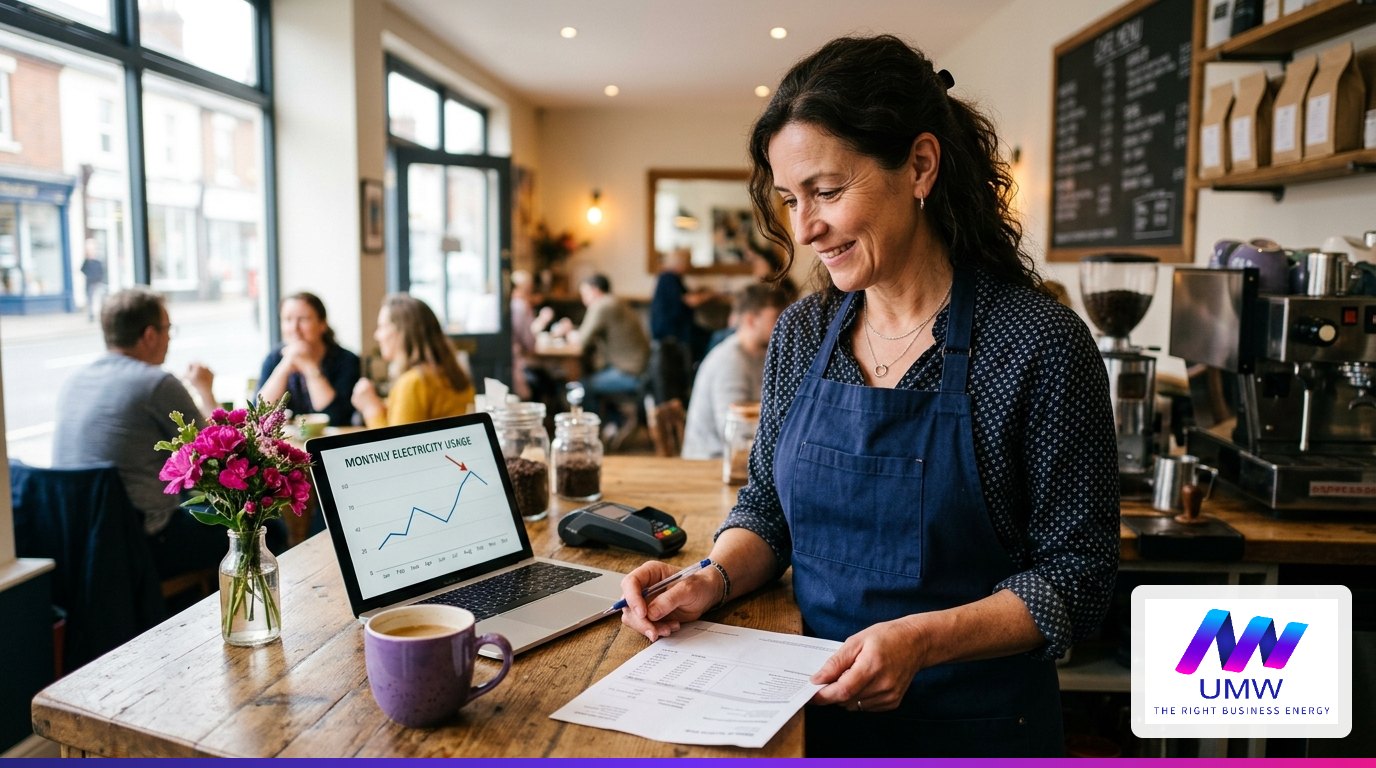 Cafe owner checking her business electricity bill and usage chart