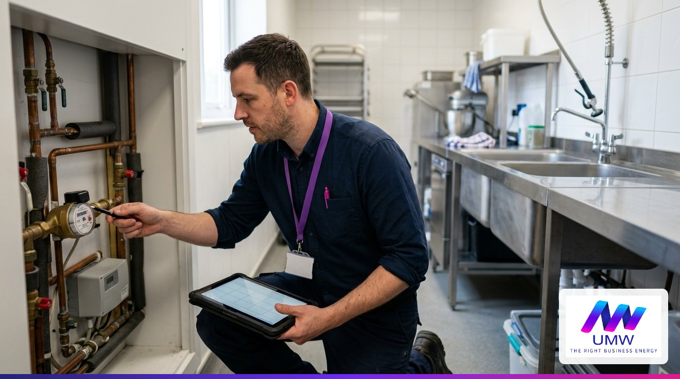 Facilities manager reading a business water meter in a commercial kitchen