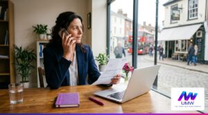 Small business owner on the phone about switching her business water supplier