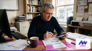 Business owner checking the VAT rate on a business electricity bill