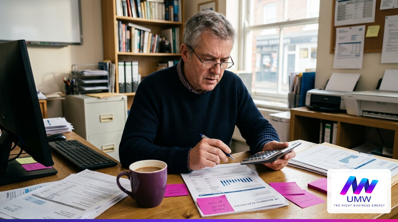 Business owner checking the VAT rate on a business electricity bill