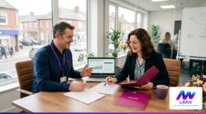 Energy broker going through a business energy contract with a small business owner